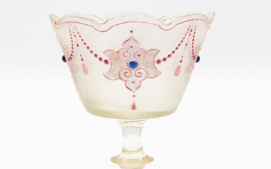 COLOURLESS COLLECTION GLASS, HAND-BLOWN CENTERPIECE, WITH ENAMEL ORNAMENTAL PAINTING, POLISHED, ART NOUVEAU, AROUND 1900.
