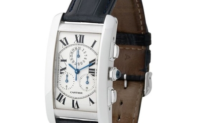 Cartier. Fine and Elegant Tank Americaine Rectangular-Shape Chronograph Wristwatch in White Gold, With Silver Roman Numbers Dial