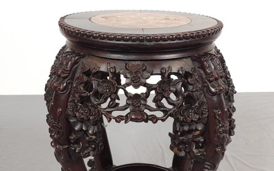 Carved Asian Plant Stand with Rose Marble Top