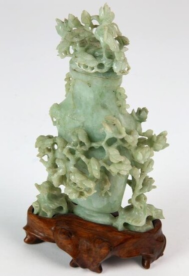 Carved Celadon Jade Vase and Cover, 19th Century