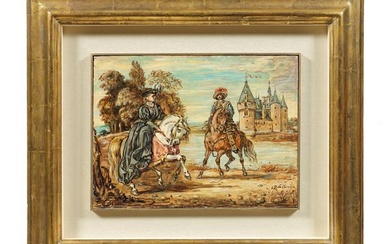 Cavaliere e dama con castello sullo sfondo, metà anni cinquanta, GIORGIO DE CHIRICO (Volo, Grecia, 1888 - Roma, 1978)