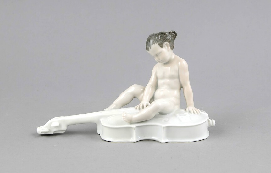 Cellist, Rosenthal, Selb, mark 1 WW, 1917, design by Ferdinand Liebermann (Judenbach 1883-1941 Munich), 1914, sign., model no. K 342, sitting putto on a cello, polychrome painted in delicate underglaze colors, glued cello handle, l. 19 cm