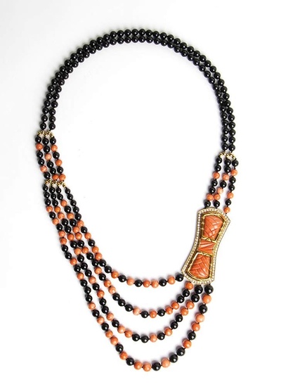 Cerasuolo coral, onyx and diamond long gold necklace two strand...