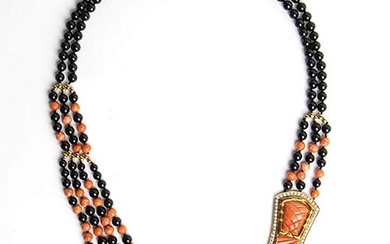 Cerasuolo coral, onyx and diamond long gold necklace two strands...