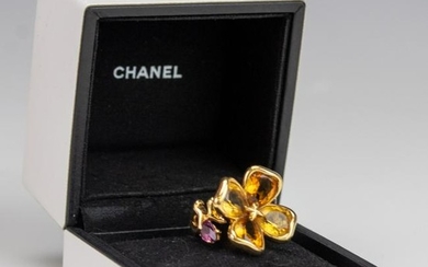 Chanel 18k Gold Citrine Amethyst Flower Ring Sz 6
