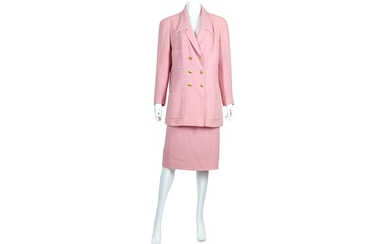 Chanel Baby Pink Wool Skirt Suit - size 46