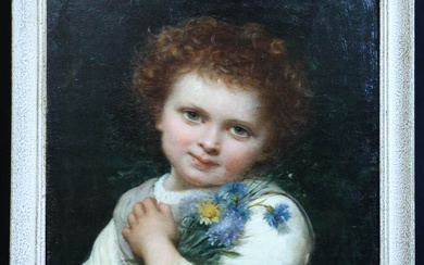 Charles LANDELLE (1821-1908) "Jeune fille rousse tenant un bouquet d'œillets" Huile sur toile signée et...