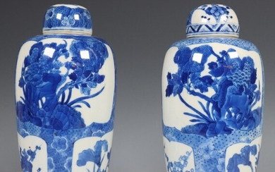 China, paar blauw-wit porseleinen ovale vazen met bol deksel, Kangxi...