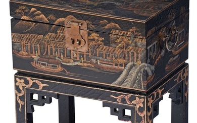 Chinese Export Black Lacquer and Parcel Gilt Chest on Stand