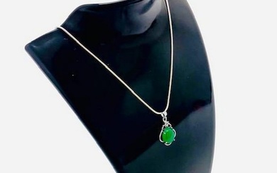 Chinese Green Jade Polished Pendant With 925 Sterling Silver Necklace