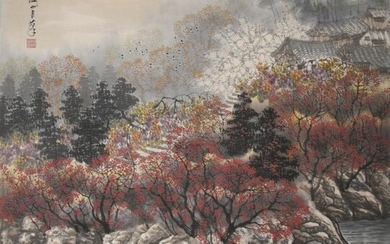 Chinese Ink Color Landscape Painting w Calligraphy