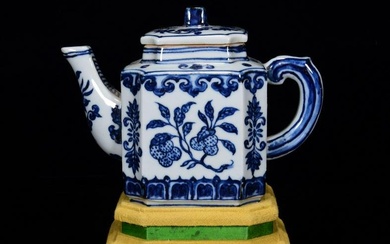 Chinese Ming Dynasty Blue And White Porcelain Teapot w Box