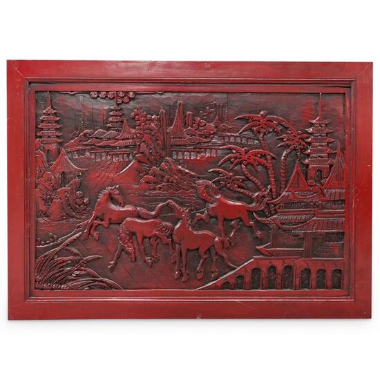 Chinese Red Lacquered Wood Carving Wall Plaque