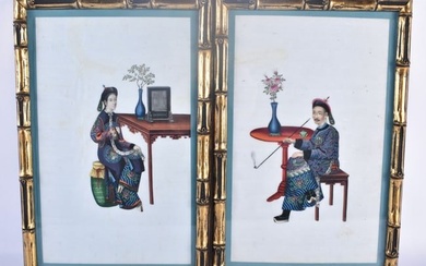 Chinese School (19th Century) Pair of pith paper watercolours, figures. 34 cm x 22 cm.