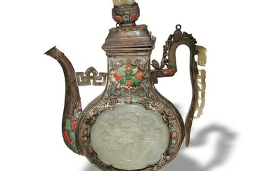 Chinese Silver Ewer Inset with Qing Dynasty Jades