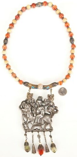 Chinese Silver Pendant & Necklace, Carnelian &