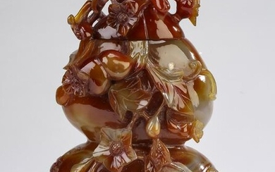 Chinese carnelian double gourd lidded urn, 10"h