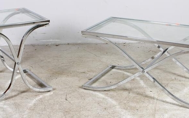 Chrome and glass top coffee table and side table