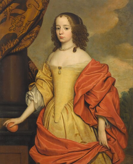 Circle of Gerrit van Honthorst Portrait of a girl, traditionally identified as Mary, Princess Royal and Princess of Orange (1631–1660), three-quarter length, wearing a yellow stomacher and dress with an orange sash, holding an orange, by a draped...