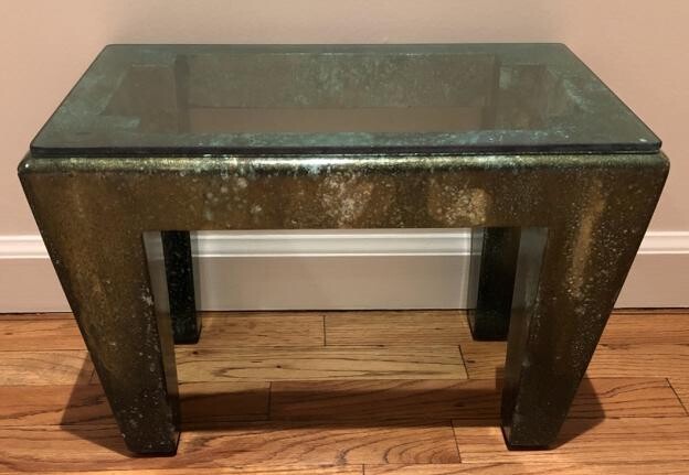 Contemporary Glass Top Carved Silver Green Stool
