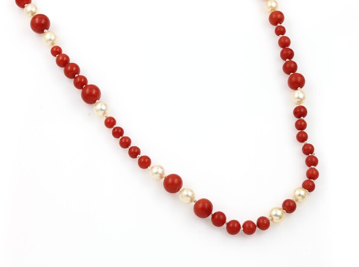 Coral necklace with cultured pearls , Italy...