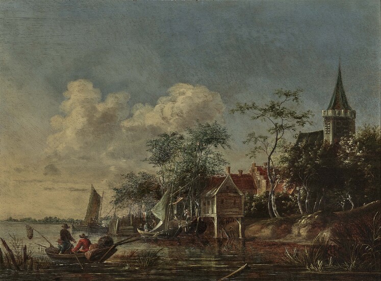 Cornelis Gerritsz. Decker1625 Haarlem - 1678 ibid, attribué Paysage fluvial néerlandais Pêcheurs avec leurs bateaux...