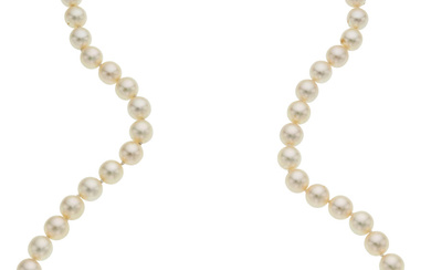 Cultured Pearl, Emerald, Diamond, Platinum, Gold Necklace Stones: Rectangular-shaped...