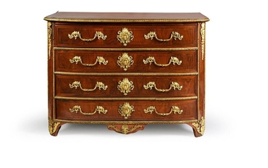 Curved chest of drawers in amaranth veneer underlined by brass fillets.