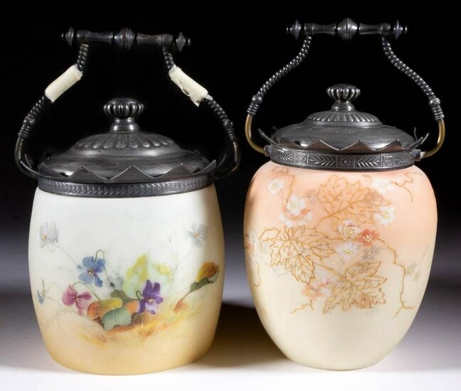 DECORATED OPAL GLASS CRACKER JARS, LOT OF TWO
