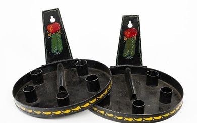 DECORATED TIN HANGING CANDLE HOLDERS.