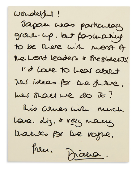 DIANA; PRINCESS OF WALES. Autograph Letter Signed, "Diana," to Elizabeth Tilberis, thanking for...