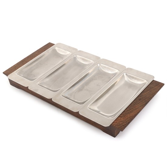 Danish design: Wénge serving tray with four steel inserts. Manufactured by Voss. L. 44 cm.