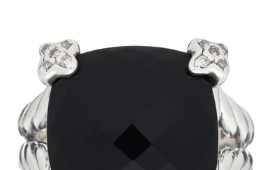 David Yurman Sterling Silver Diamond Black Onyx 14mm Cushion On Point Ring 54 7