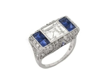 Deco Diamond, Sapphire and Platinum Ring