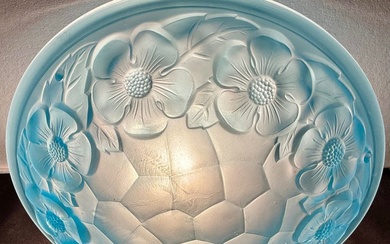 Degué France - Ceiling lamp - Bright blue satin-finished pressed glass with Abstract geometric floral motifs in high relief
