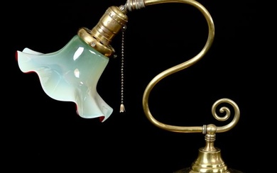 Desk Lamp, Weighted Brass Base, Art Glass Shade