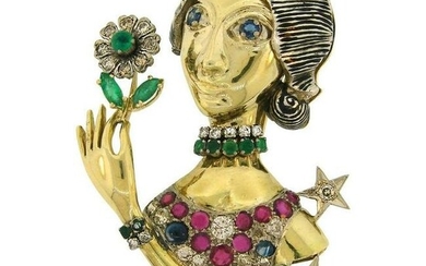Diamond Ruby Sapphire Emerald Gold Woman with Flower