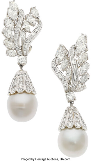 Diamond, South Sea Cultured Pearl, Platinum Earrings The earrings...