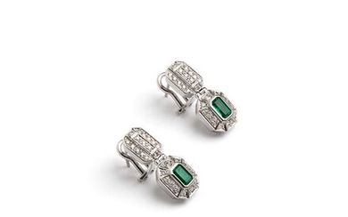 Diamonds & Emeralds - 18 kt. White gold - Earrings