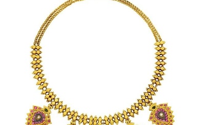 Double Strand Indian Gold, Foil-Backed Ruby, Emerald and Diamond Necklace