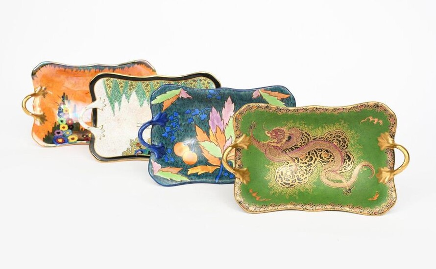 Dragon and Cloud' a Carlton Ware twin-handled footed dish, pattern no 3331, printed and enamelled in colours and gilt on a matt green ground with a ferocious Chinese dragon, another Carlton Ware 'Garden' twin-handled bowl and two others similar...