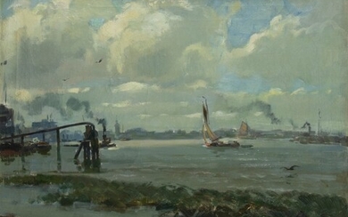 Dutch School: river view, probably the river Lek, oil on...