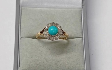 EARLY 20TH CENTURY 18CT GOLD TURQUOISE & DIAMOND CLUSTER RIN...