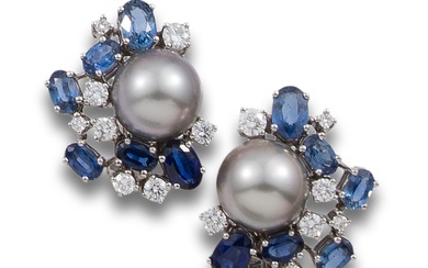 EARRINGS WITH DIAMONDS, SAPPHIRES AND AUSTRALIAN PEARLS, IN WHITE GOLD