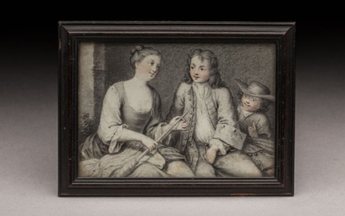 ECOLE FRANCAISE du XVIIIème siècle. Scène grivoise à trois personnages. Miniature en grisaille sur vélin....