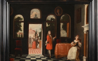 ÉCOLE HOLLANDAISE fin XVIIè début XVIIIè. «Scène d’intérieur à la musicienne». Huile sur toile. H.56...