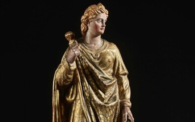 ÉCOLE SIENNOISE DE LA FIN DU XVIe SIÈCLE Sainte Catherine d'Alexandrie Sculpture en bois polychromé et doré