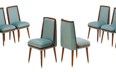 EIGHT WALNUT DINING CHAIRS C 1960 WITH NEW FABRIC.