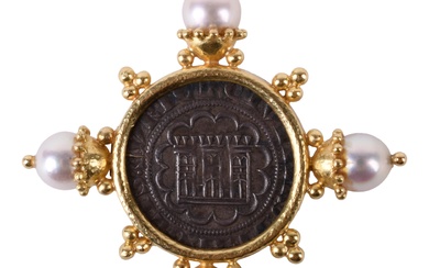 ELIZABETH LOCKE 18K YELLOW GOLD AND MEDIEVAL SILVER COIN BROOCH WITH PEARLS