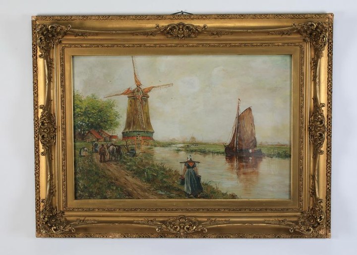 Early 20th c. Dutch O/c windmill & sailboat, signed